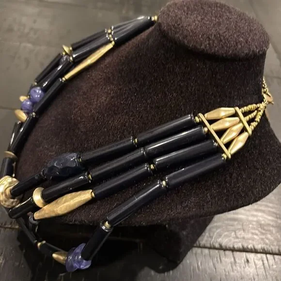 LARGE CHICOS NECKLACE BLUE MULTISTRAND BRUSHED GOLD TONE BEADS FASHION STATEMENT - Picture 3 of 7